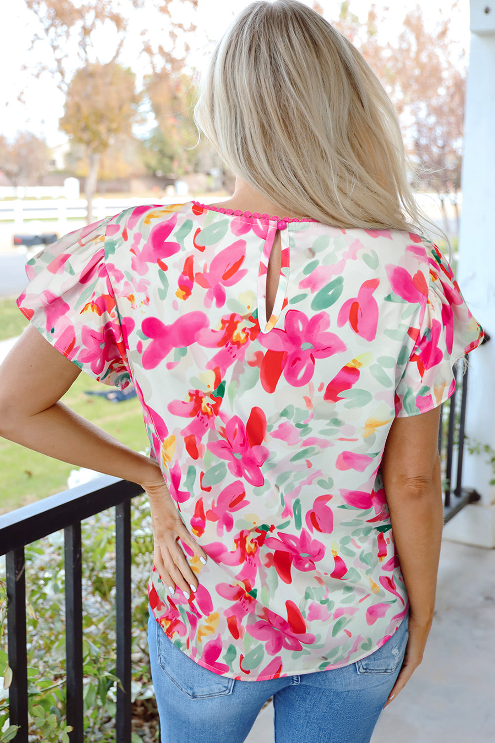Rose Floral Print Flutter Sleeve Round Neck Casual Blouse eAura