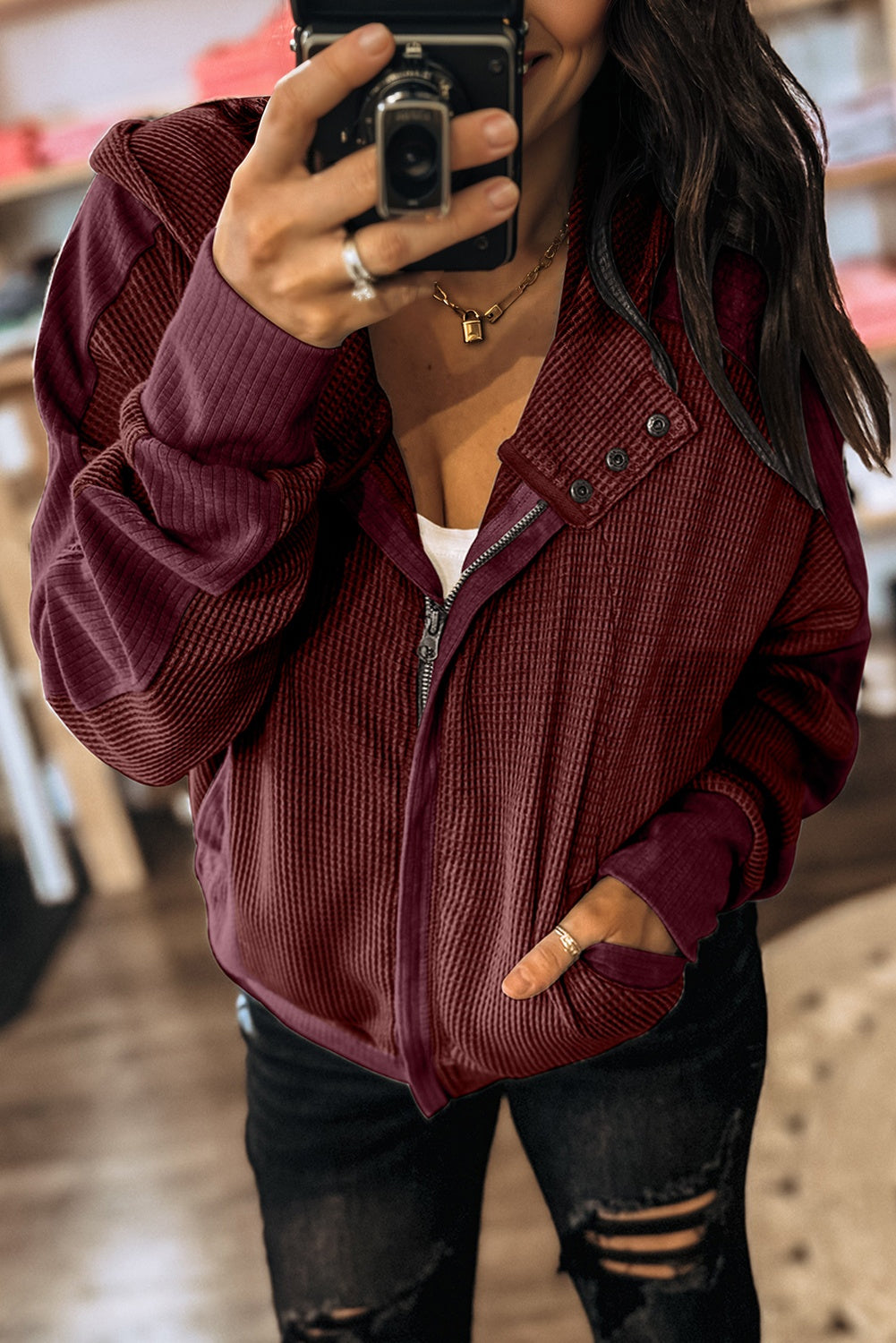 Waffle Zip-Up Front Button Hooded Jacket - eAura