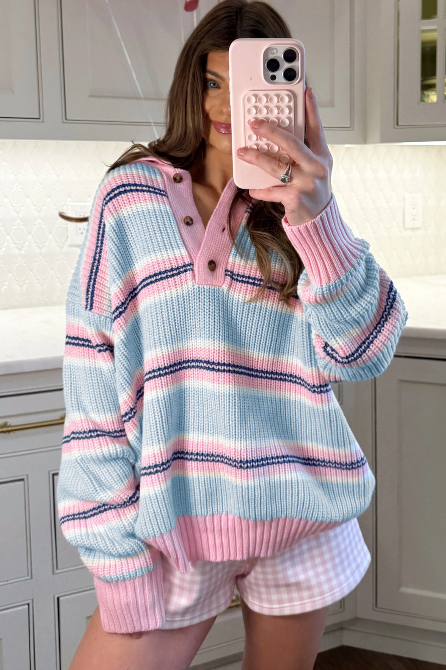 Striped Button Collar Long Sleeve Shift Fit Winter Knitwear Sweater – Sky Blue Stripe
