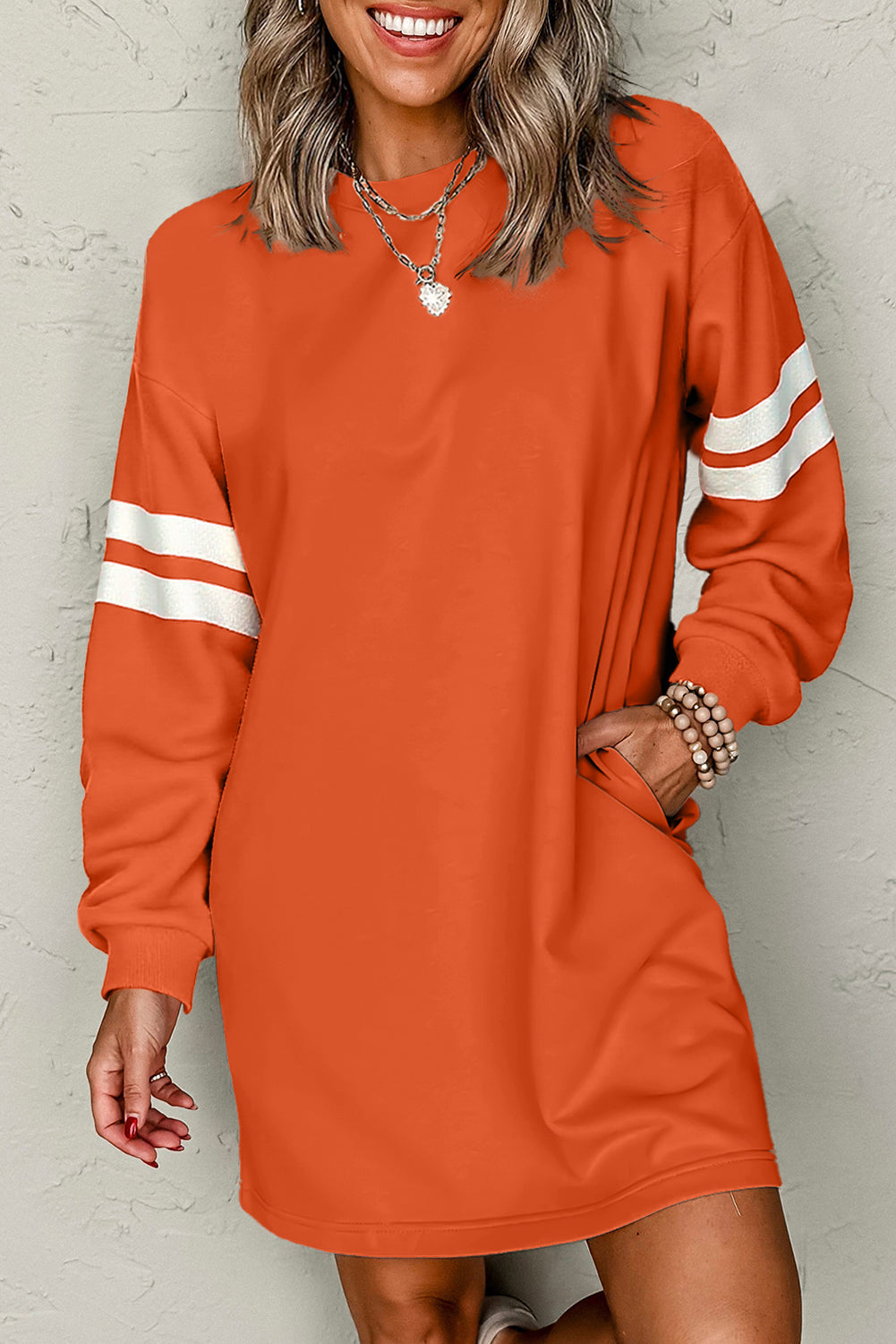 Varsity Contrast Banded Sleeve Shift Sweatshirt Dress eAura