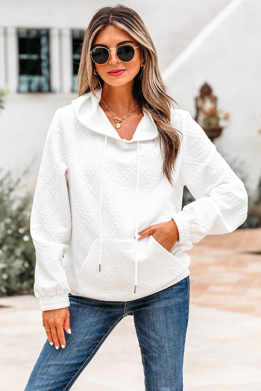 White Cable Lattice Texture Hoodie eAura