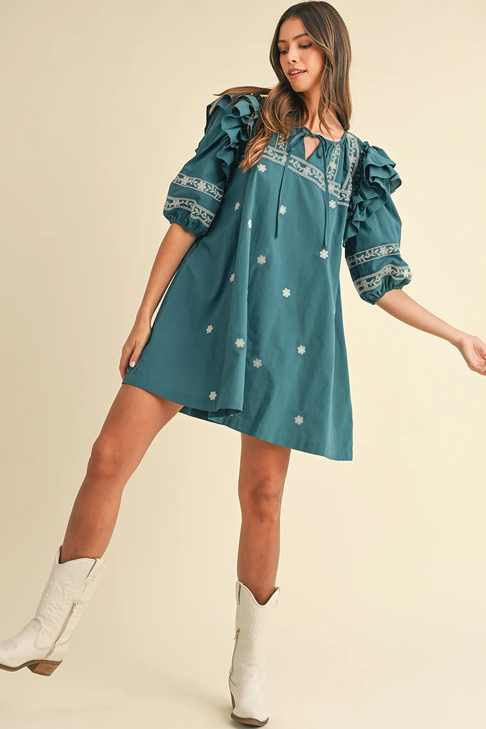 Skobeloff Boho Floral Ruffle Puff Sleeve Lace-up V Neck Mini Dress eAura