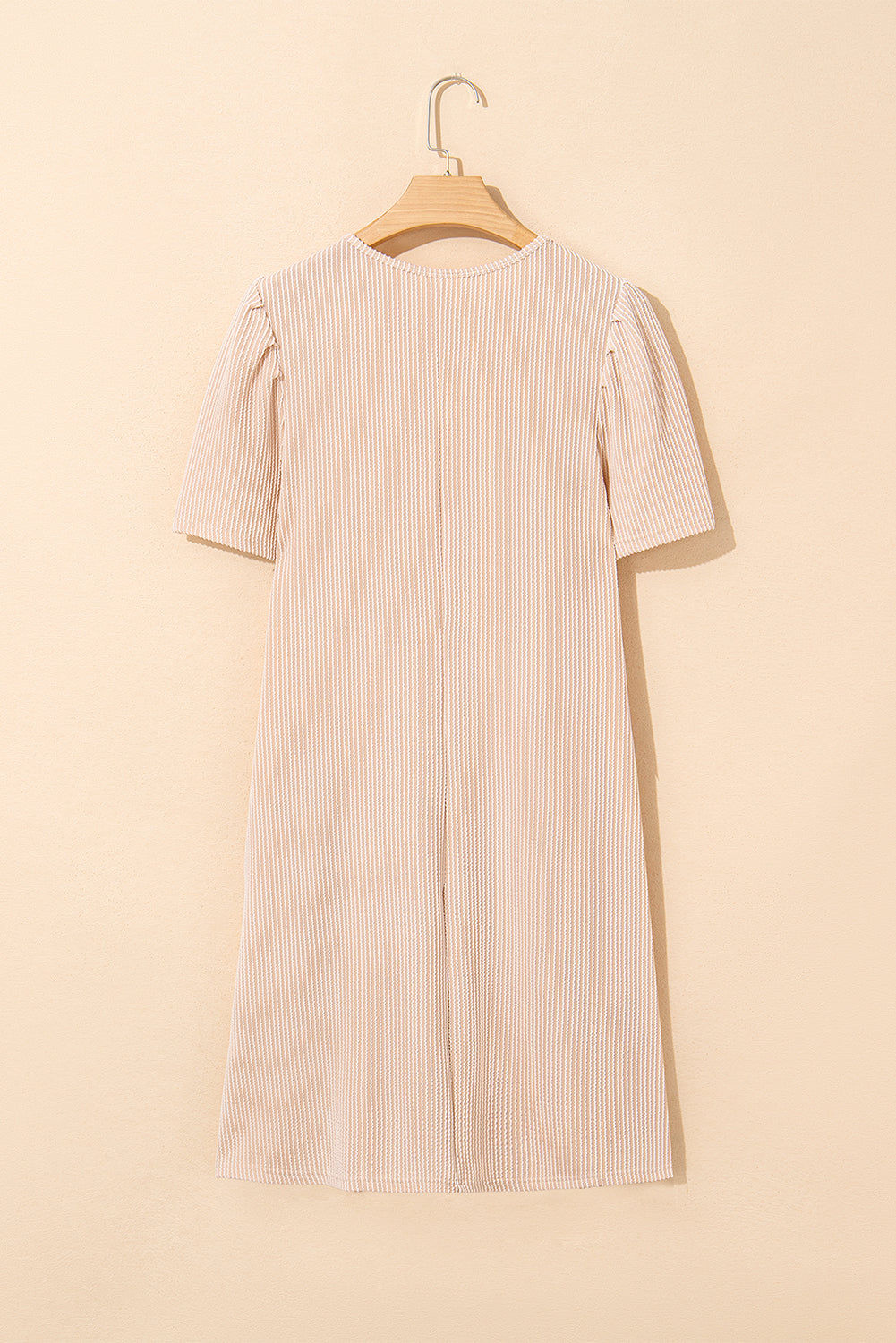 Ribbed Knit Crew Neck Puff Sleeve Shift Mini Dress eAura