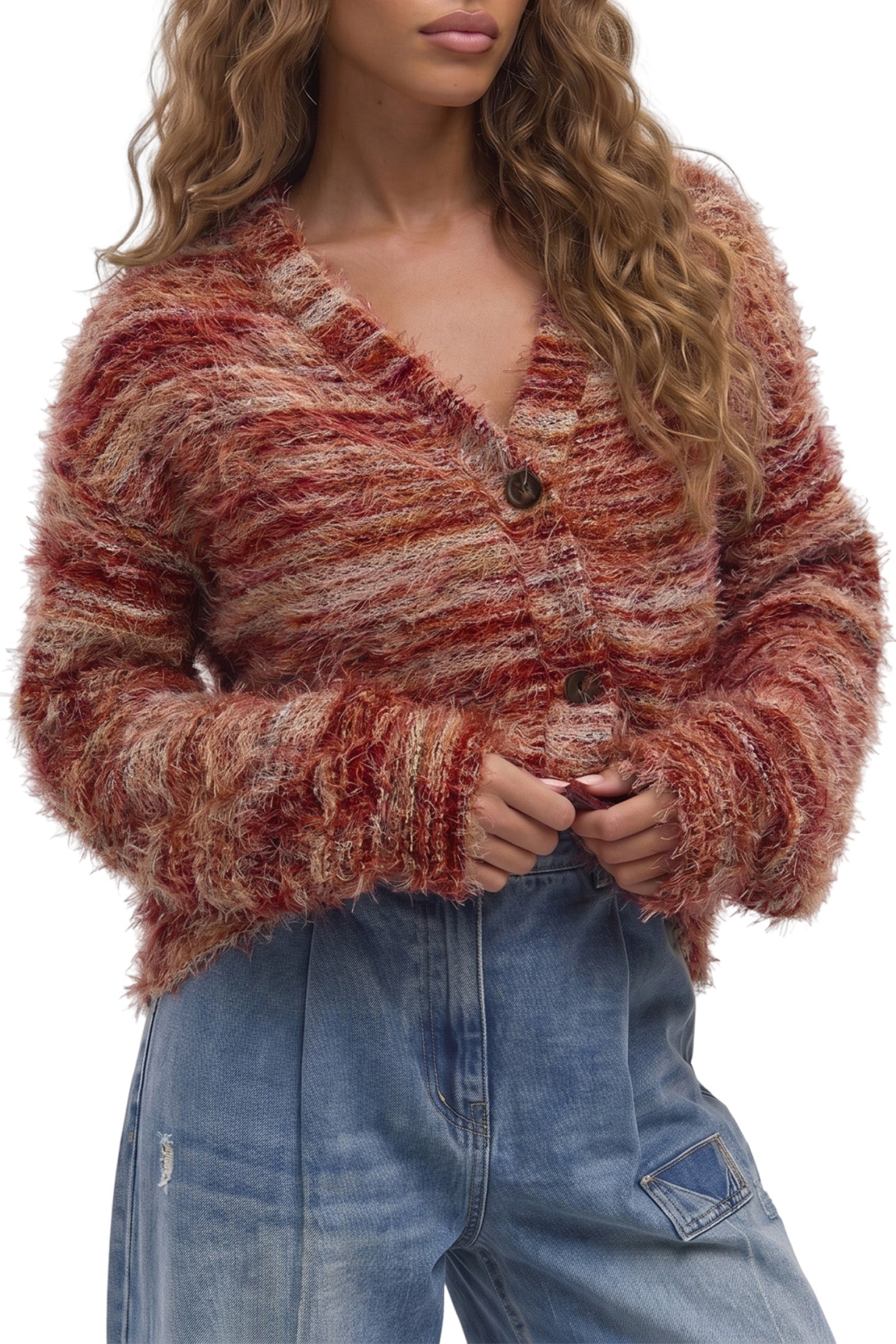 Fuzzy Striped Button Front Cardigan Sweater – Tawny
