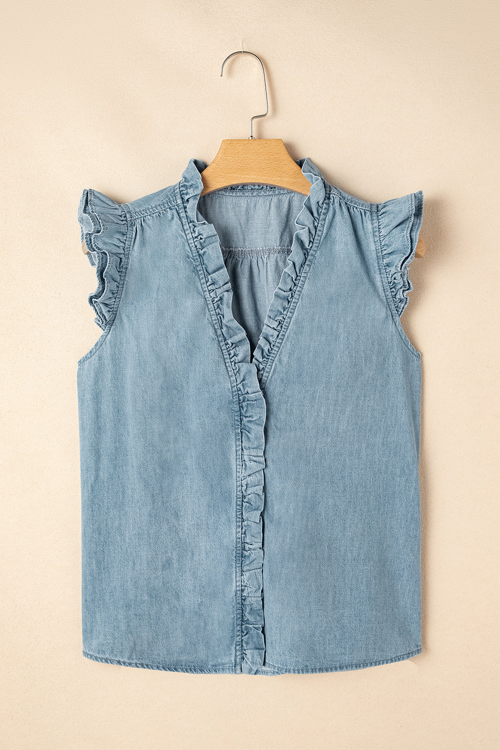 Beau Blue Frilly Ruffle Trim V Neck Chambray Tank Top eAura