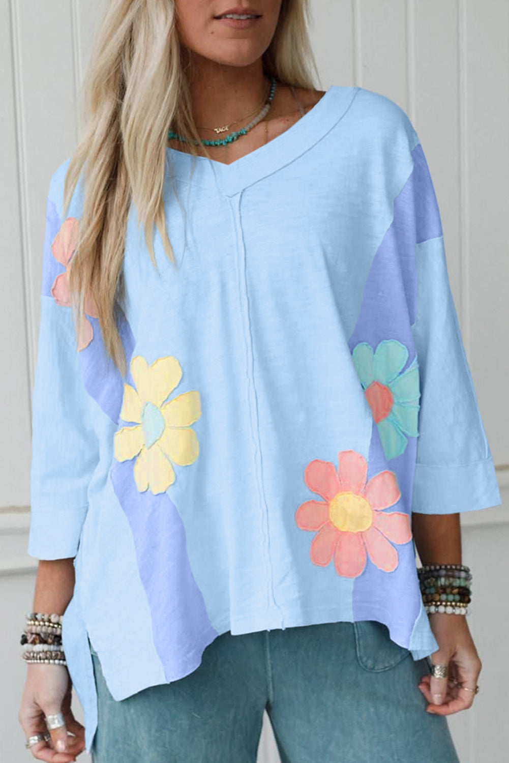 Flower Patched Exposed Seam Bracelet Sleeve Oversized T-Shirt - eAura