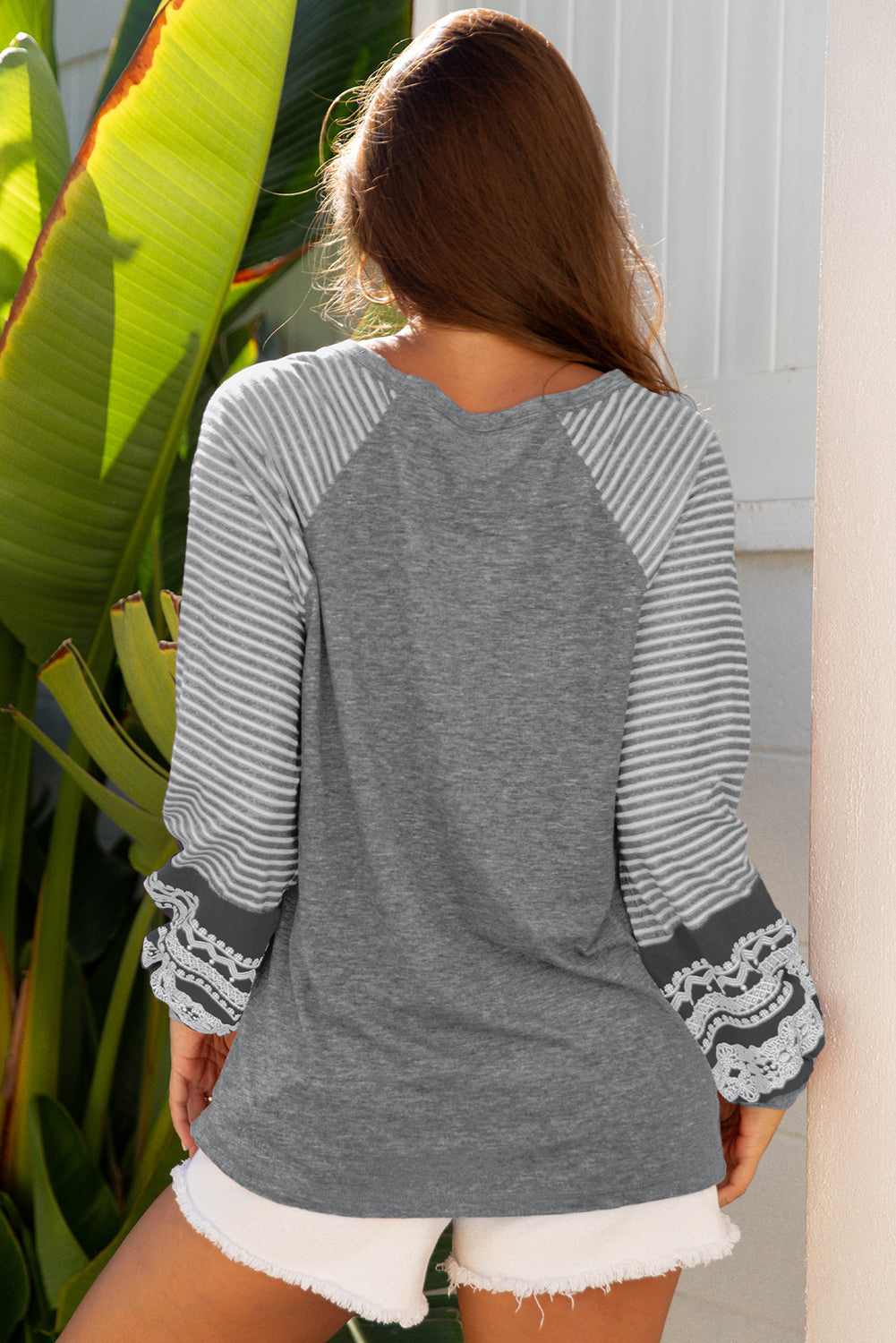 Contrast Print Striped Raglan Long Sleeve Loose Top - eAura