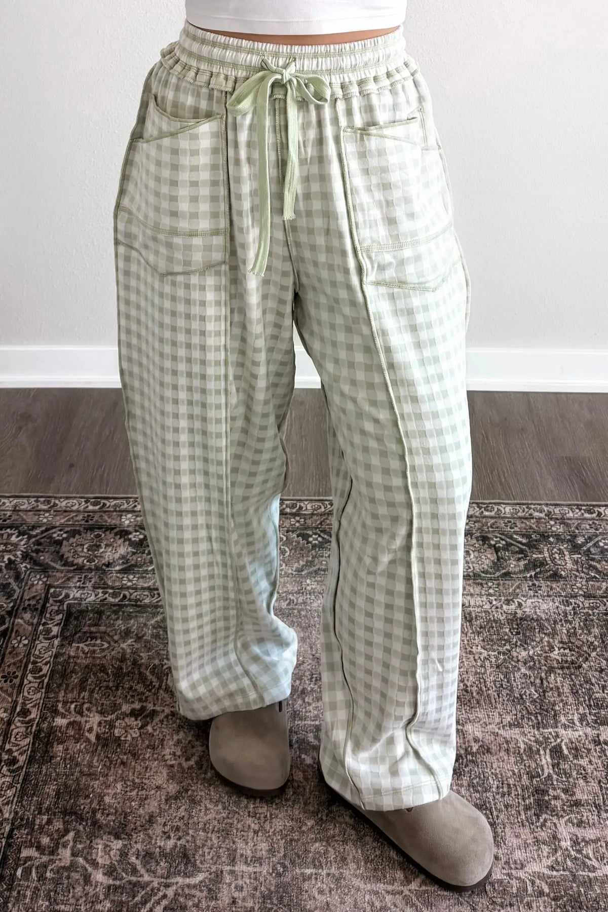 Plaid Contrast Trim Drawstring Elastic Waist Shift Pants – Green