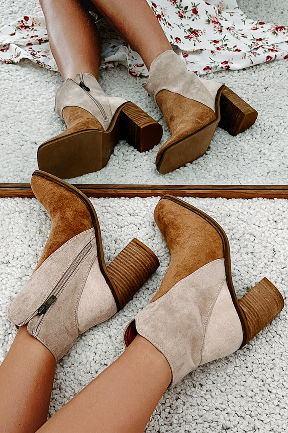 Camel Two Tone Faux Suede Square Toe Chunky Heel Boots - eAura