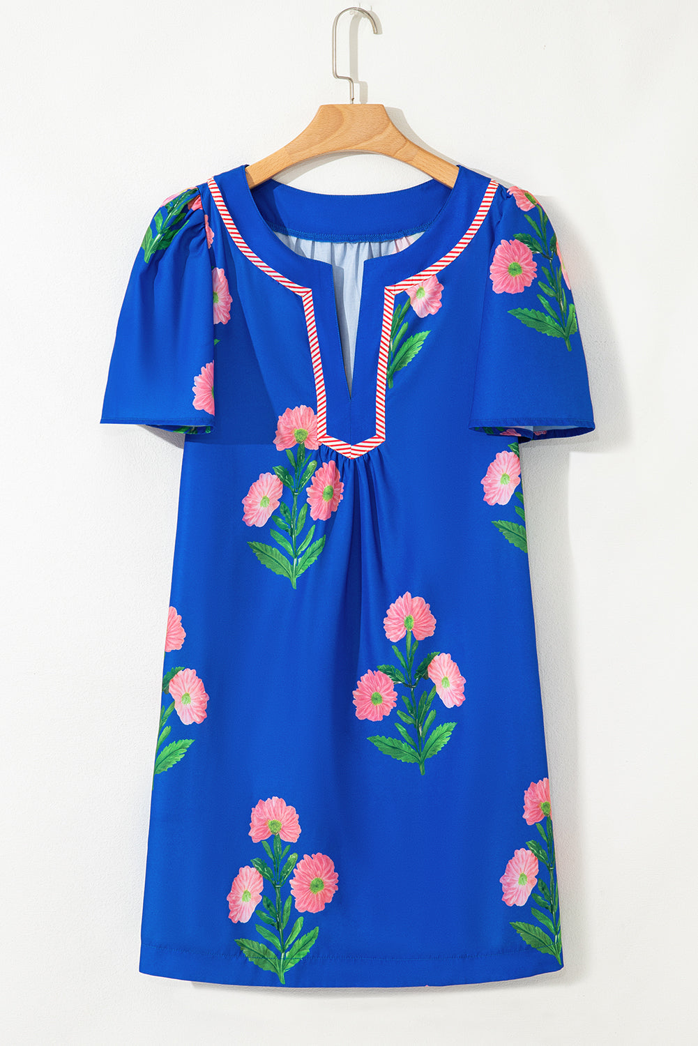 Blue Floral Short Sleeve Split Neck Loose Mini Dress eAura