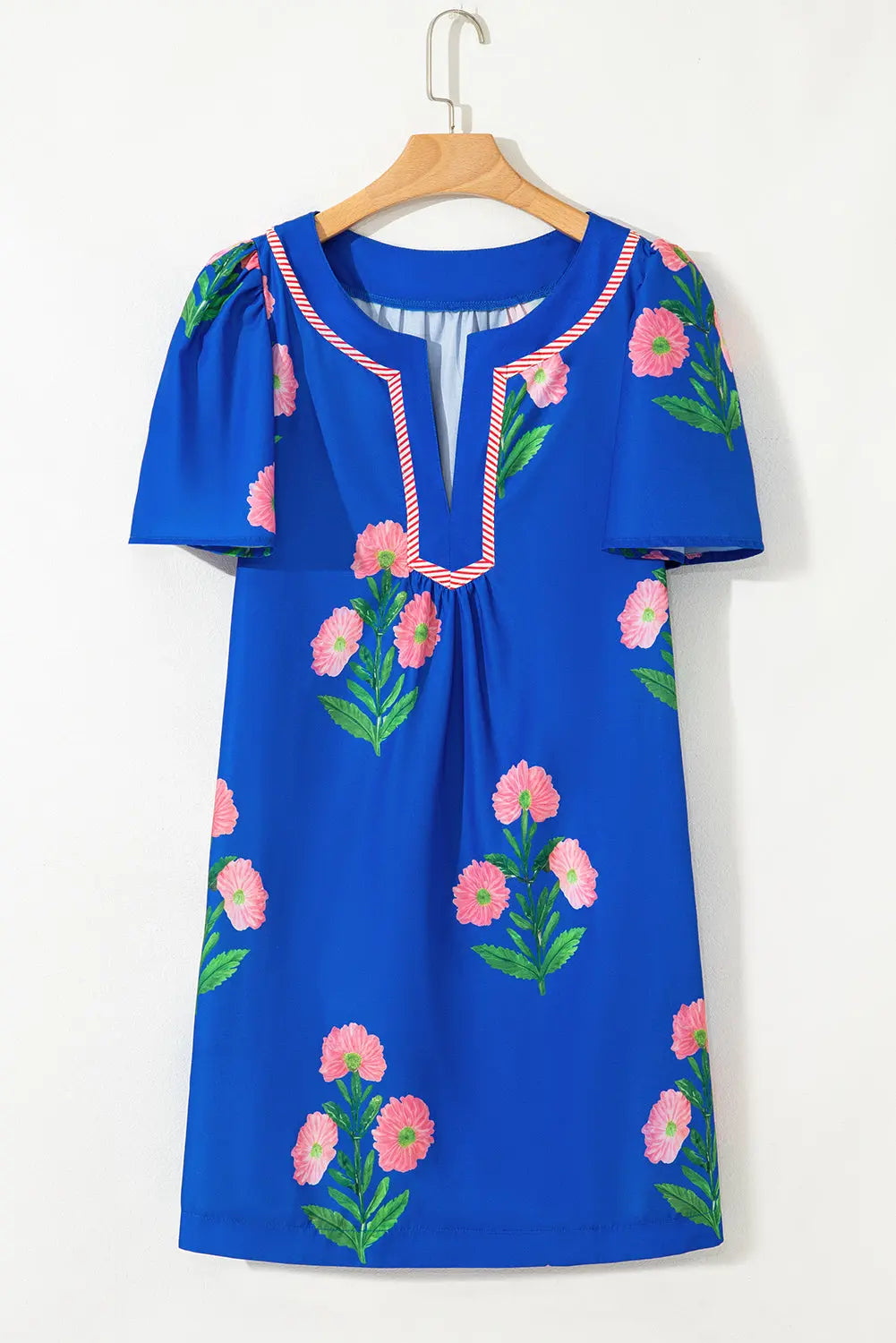 Blue Floral Short Sleeve Split Neck Loose Mini Dress - Dresses/Floral Dresses