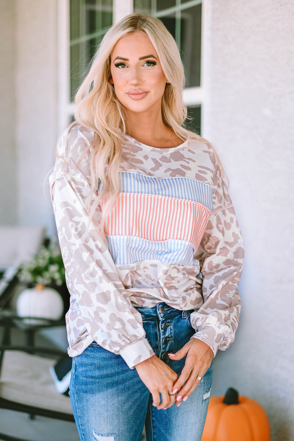 Leopard Animal Print Contrast Stripes Patchwork Puff Sleeve Knit Top eAura