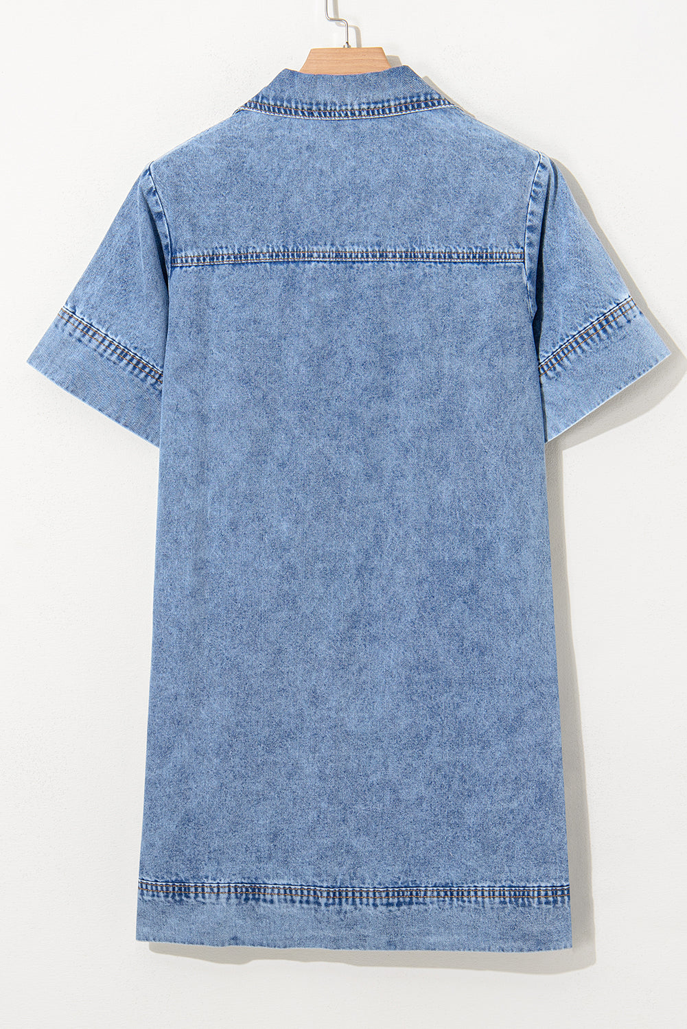 Beau Blue Short Sleeve Collared Patched Pocket Denim Mini Dress BB Fashion Outlet