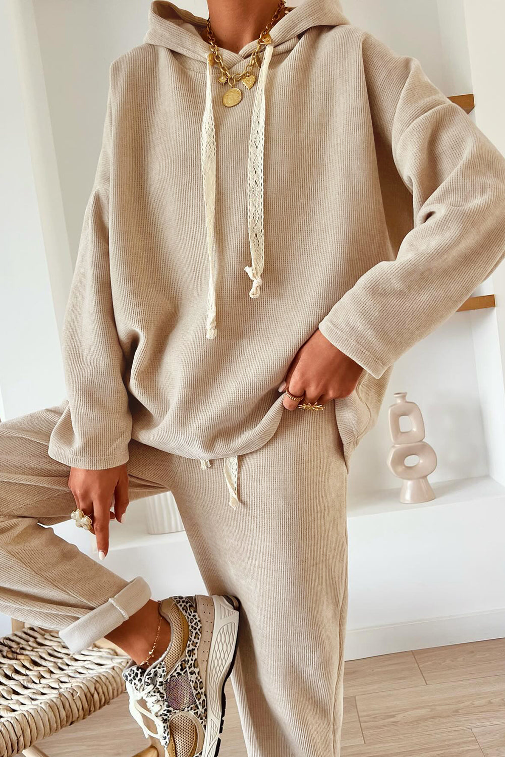Pullover Hoodie and High Waist Bottoms Soft Cord Co-ord Set - eAura