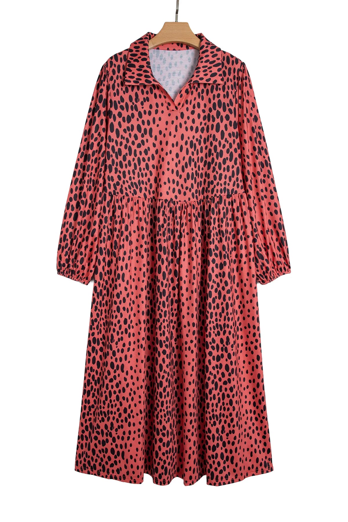 Leopard Print Long Sleeve V Neck Plus Size Midi Dress – Red