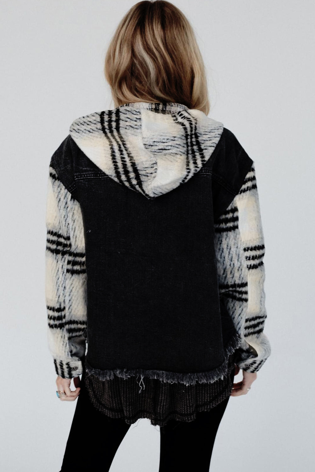 Black Plaid Sleeve Frayed Hem Hooded Denim Jacket Beagle Boutique Fashion Outlet