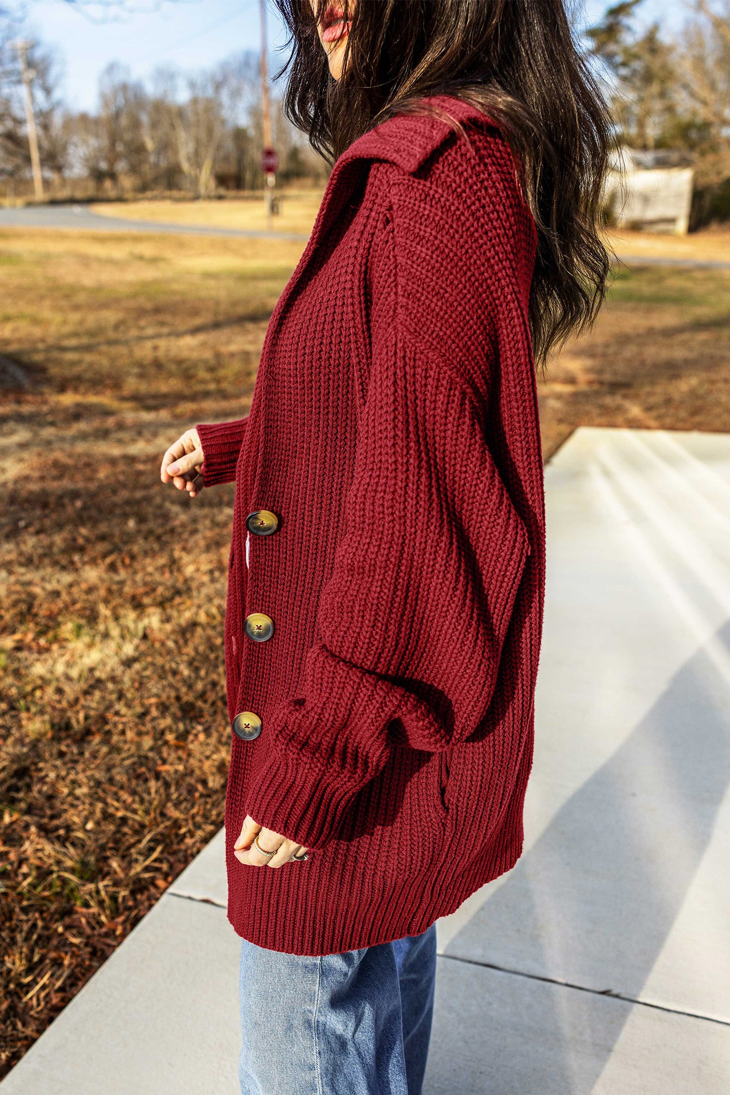 Red Dahlia Solid Color Knit Oversized Button Front Sweater Cardigan – Burgundy