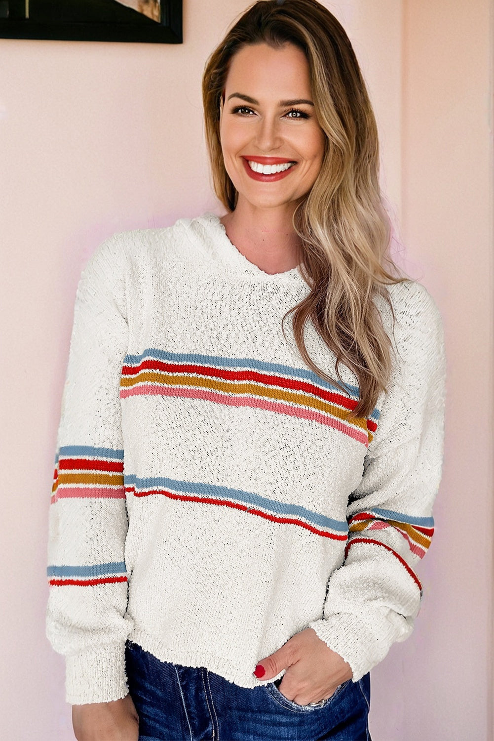 White Multicolored Striped Accent Hooded Popcorn Sweater - eAura