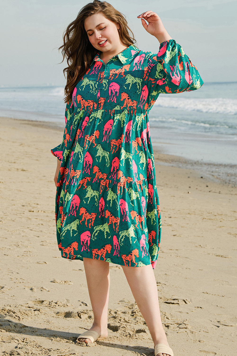 Green Horse Printed Long Sleeve Collared Buttoned Plus Size Midi Dress BB Fashion Outlet