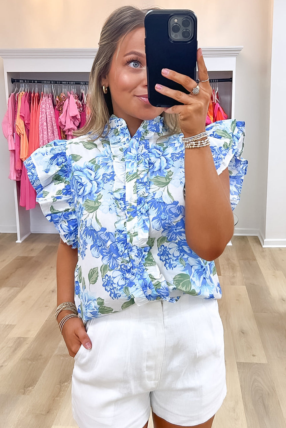 Sky Blue Floral Print Ruffle Sleeve Frilly Button Up Shirt eAura