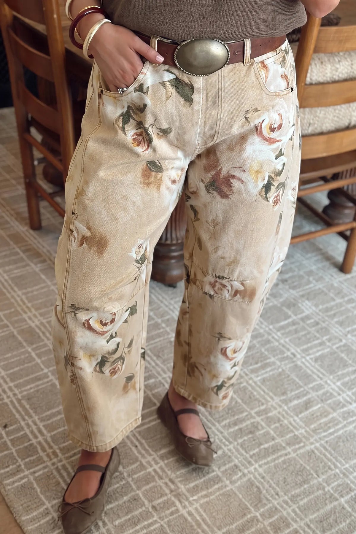 Retro Floral Print Relaxed Barrel Jeans – Khaki