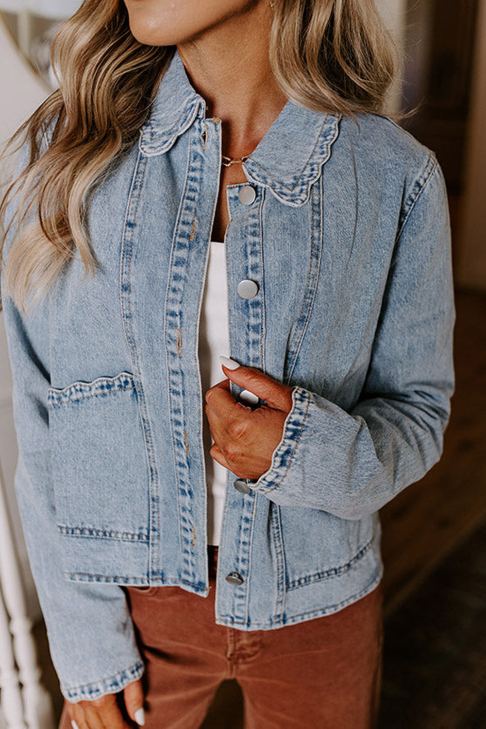 Scallop Trim Collar Patched Pocket Button Up Denim Jacket eAura