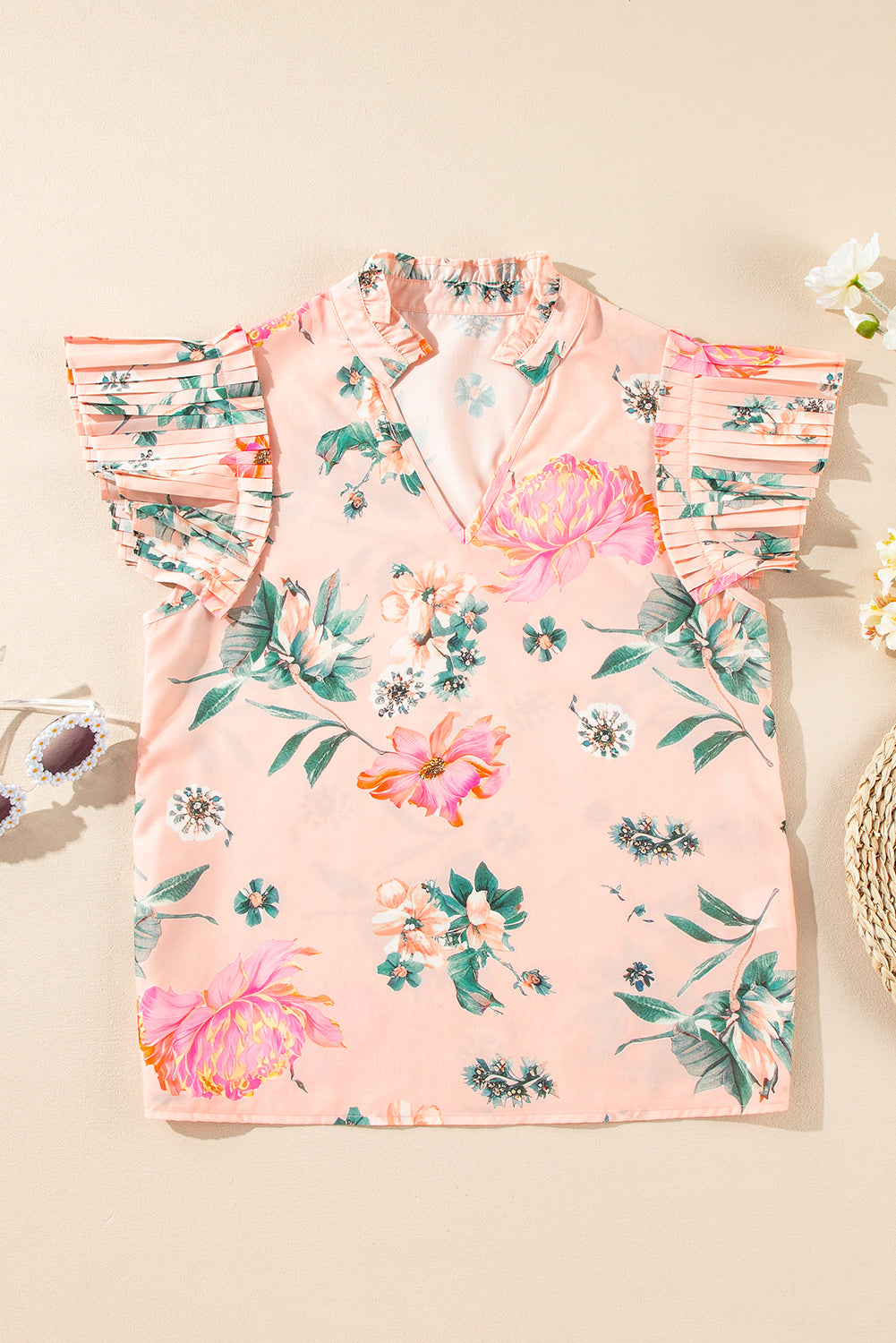 Pink Floral Print Frilled V Neck Pleated Sleeve Blouse eAura