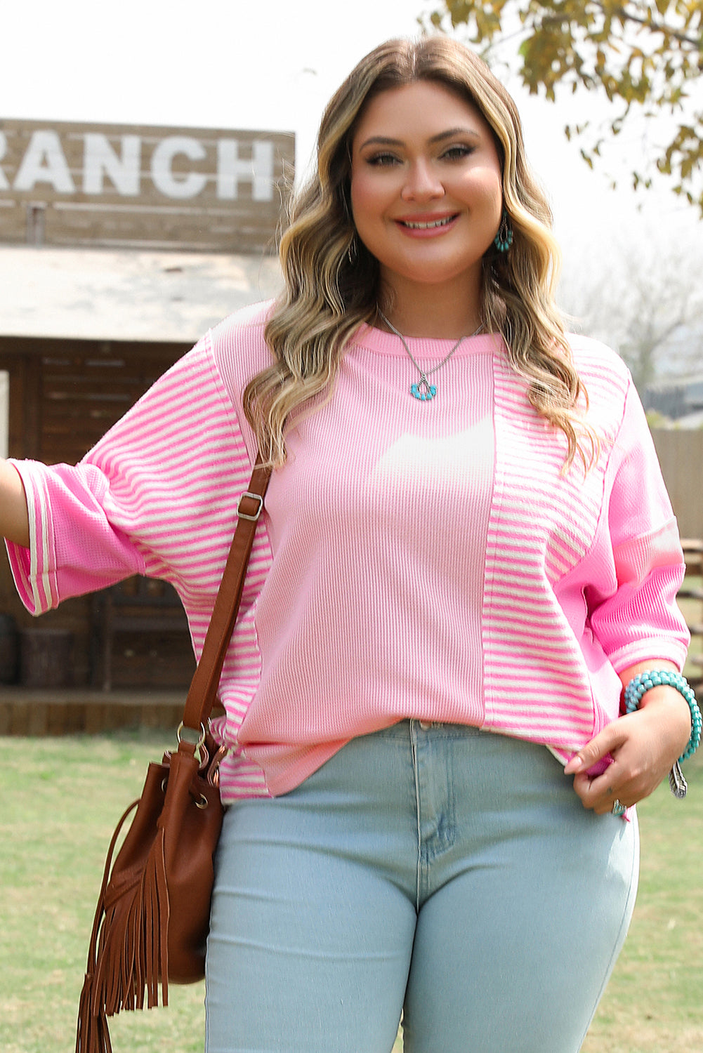 Pink Stripe Patchwork Colourblock Plus Size T Shirt BB Fashion Outlet