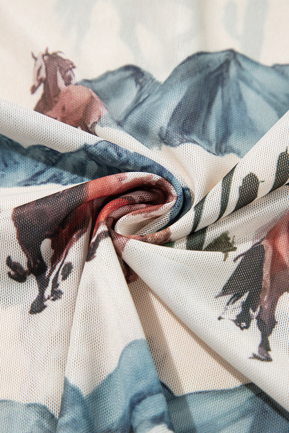 Beige Western Fashion Mustang River Printed Mesh T Shirt eAura