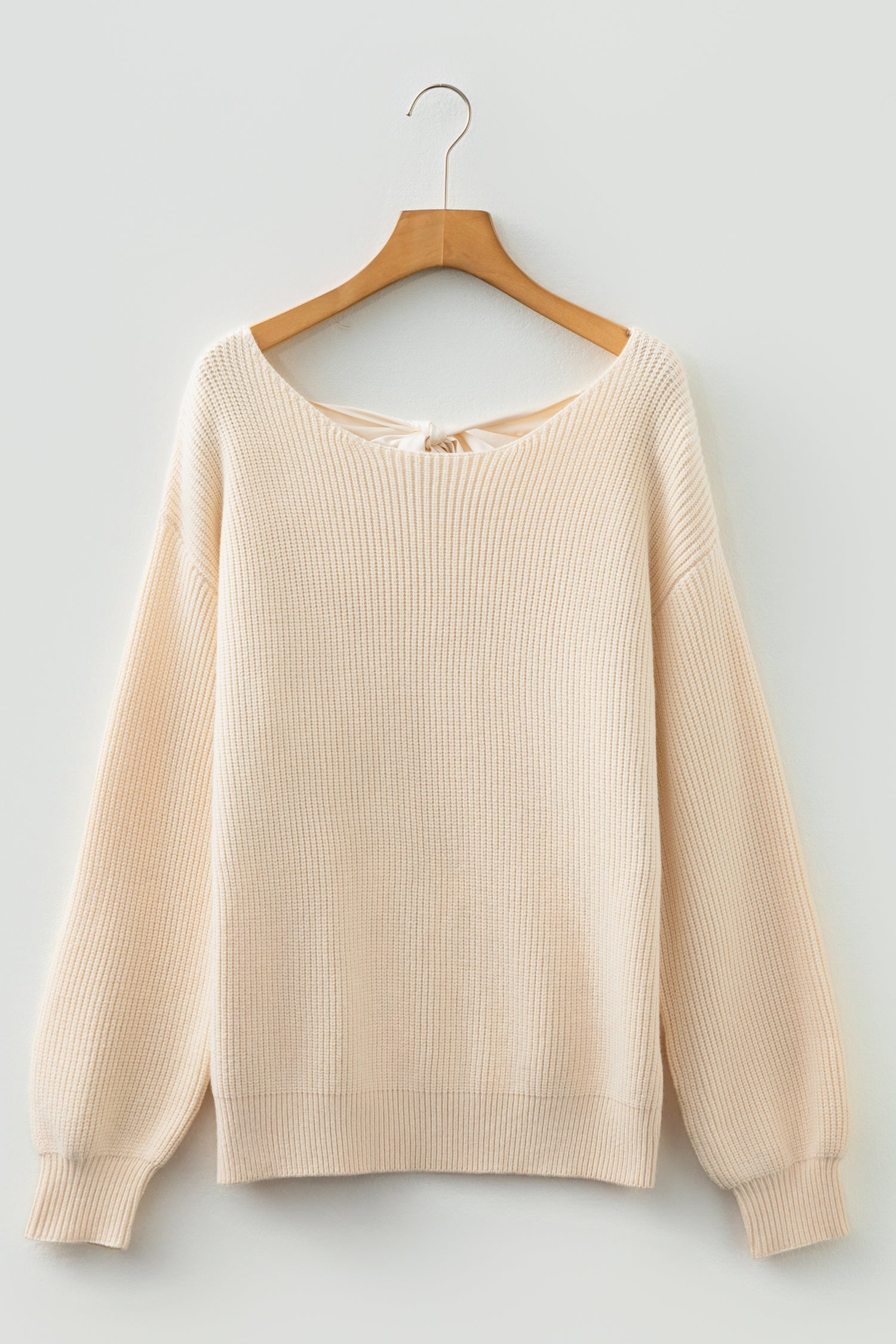 Rib Knit Ribbon Knot Backless Drop Shoulder Sweater - eAura