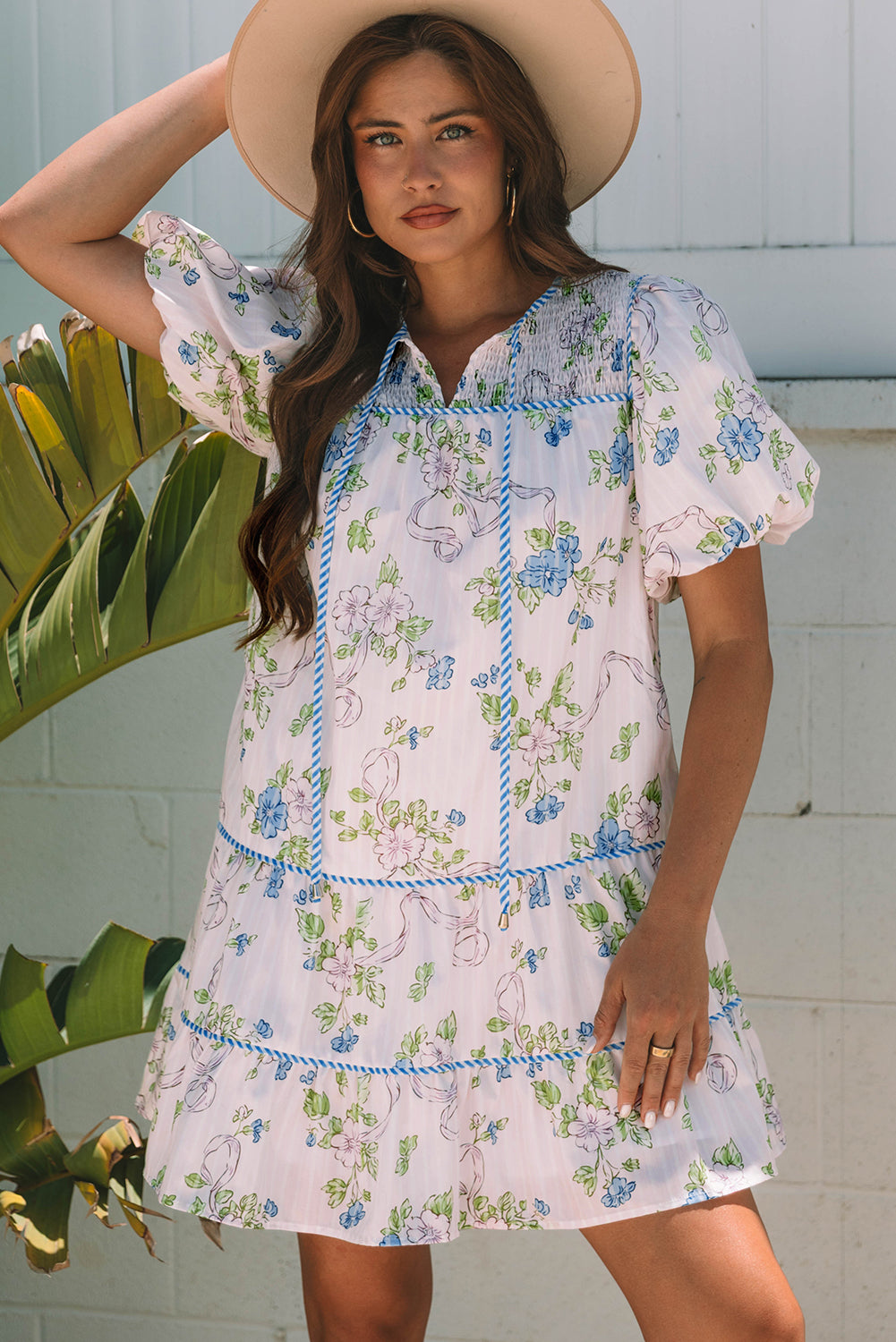 Floral Striped Print Contrast Trim Tie Split Neck Mini Dress eAura