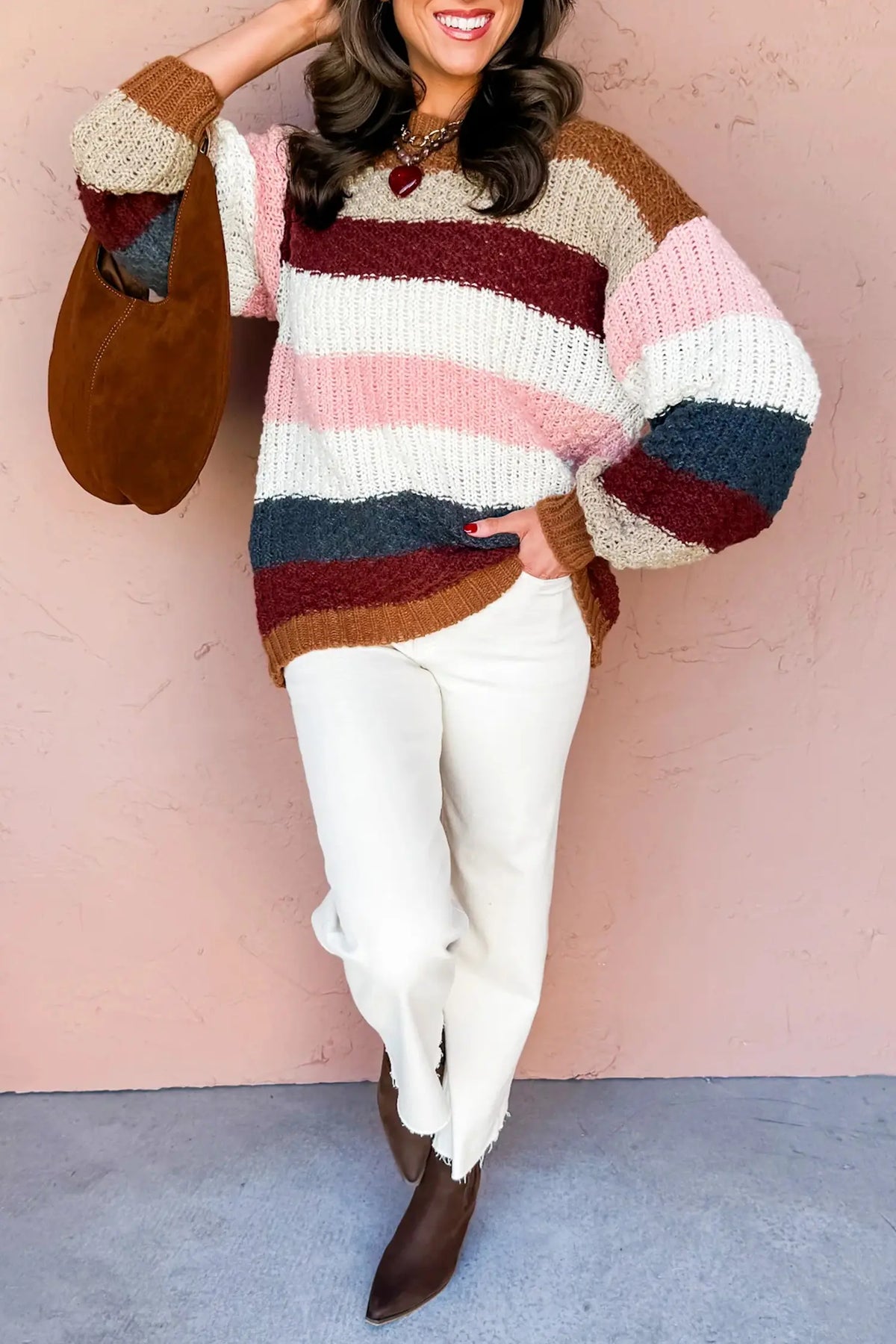 Striped Knit Dropped Shoulder Round Neck Pullover Sweater