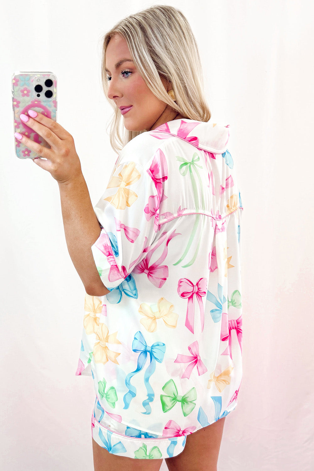 White Bowknot Print Buttoned Shirt High Waist Shorts Pyjama Set eAura
