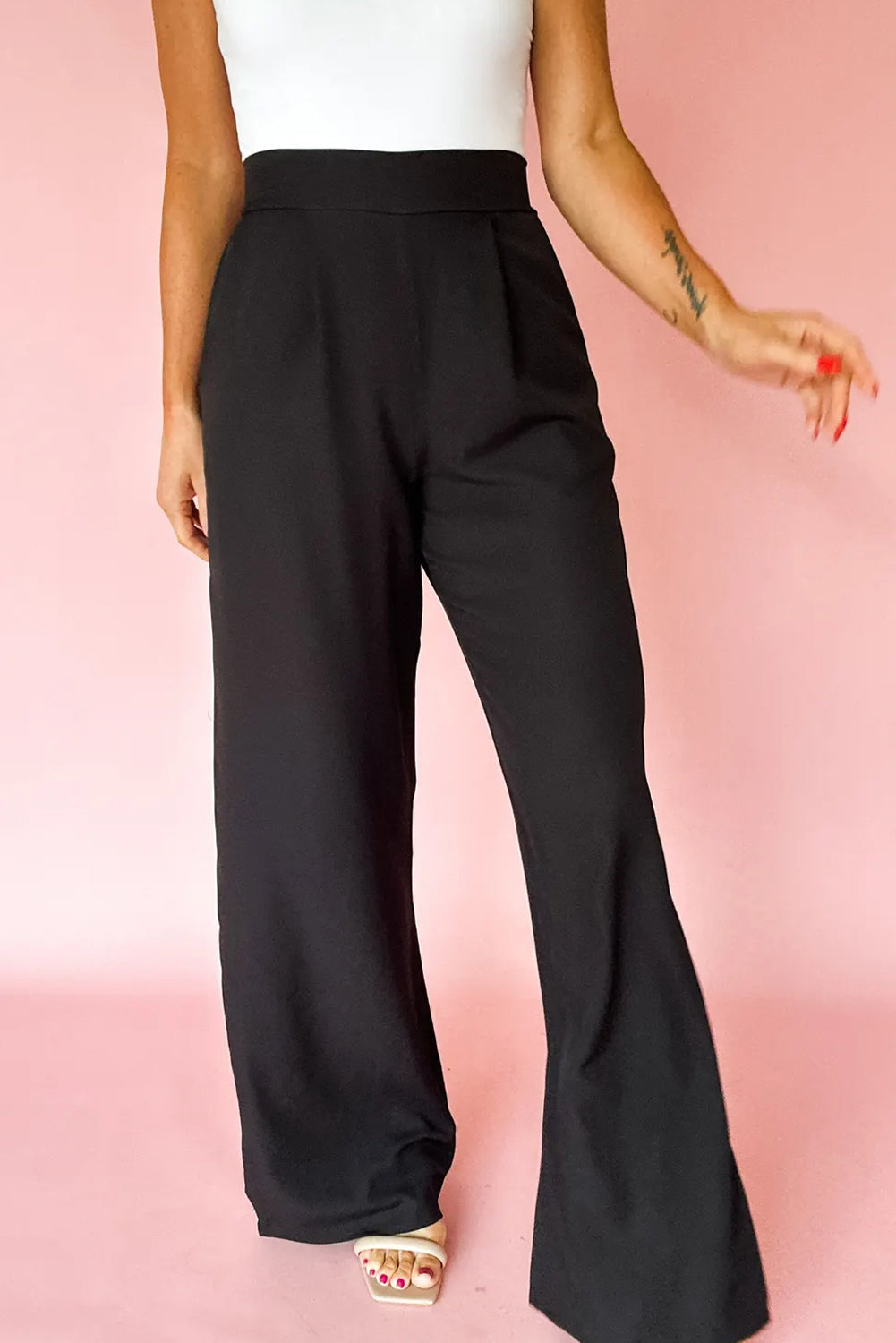 Black Pleated Detail Pull On Elastic High Waist Straight Trousers - eAura