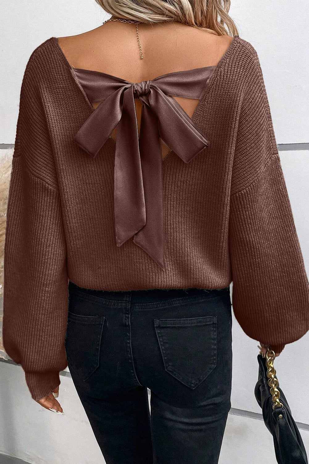 Coffee Lantern Sleeve V Neck Knot Back Sweater eAura