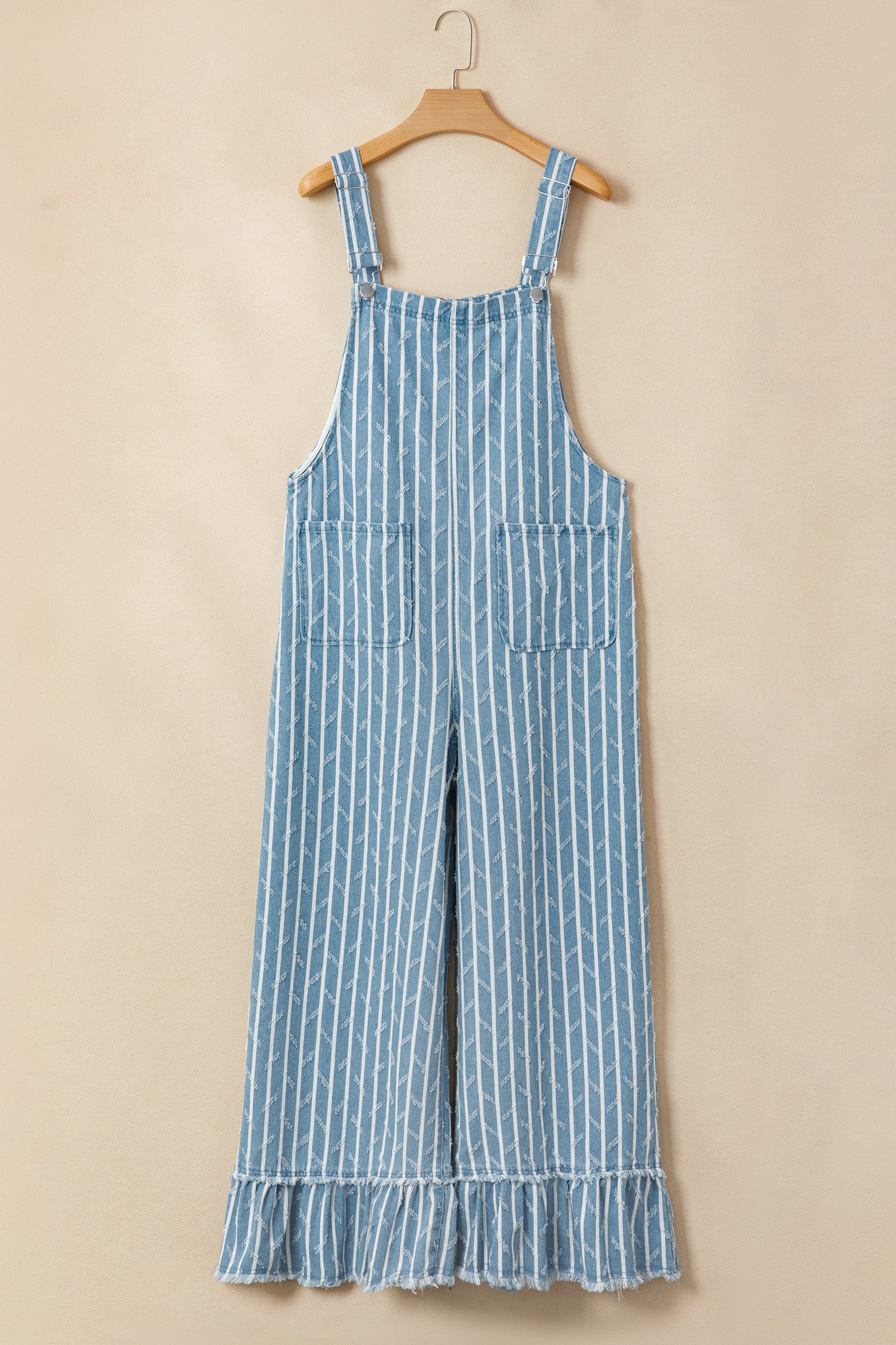 Striped Distressed Ruffled Wide Leg Denim Overalls – Blue