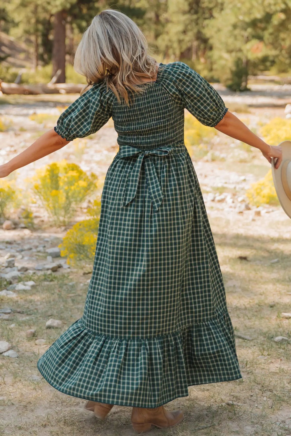 Plaid Square Neck Shirred High Waist Ruffle Hem Dress – Green