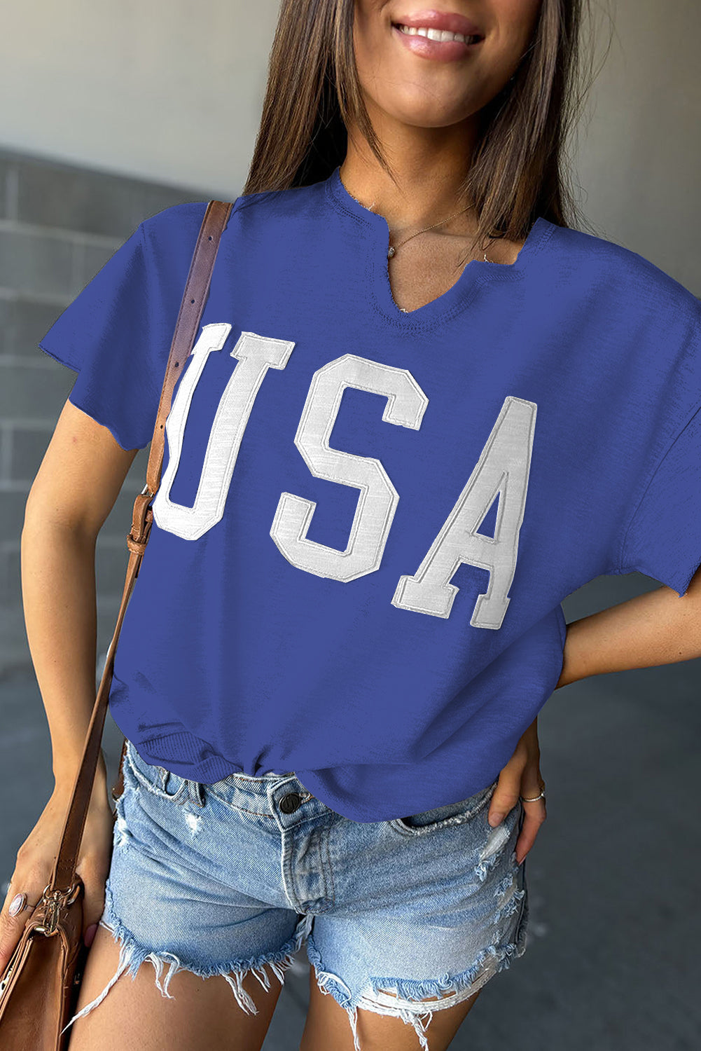 Black USA Lettering Patch Notched Neck Loose Tee - eAura