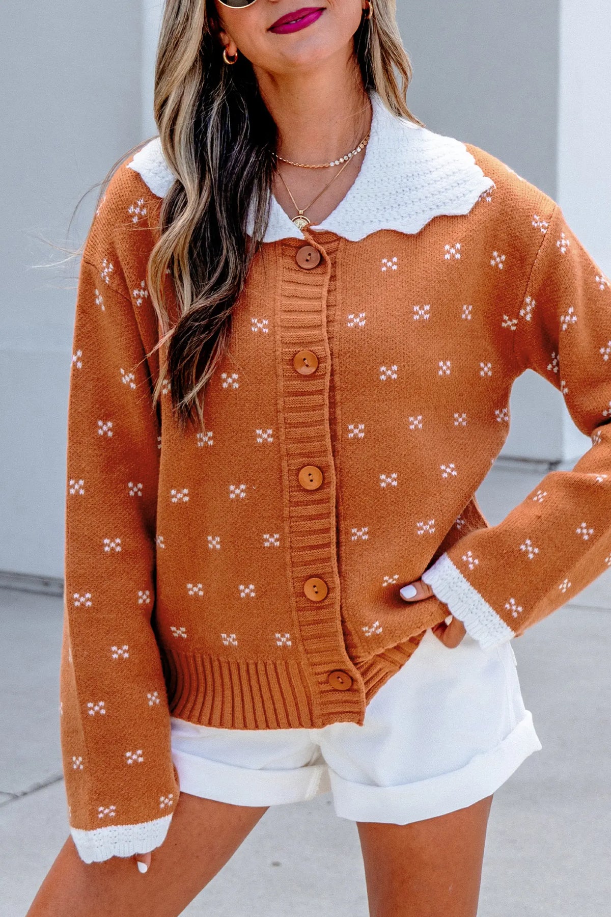 Peter Pan Collar Colourblock Long Sleeve Knitwear Cardigan – Russet Orange