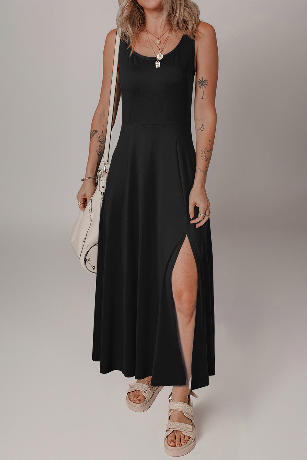 Black Sleeveless Scoop Neck Flared Split Midi Dress eAura