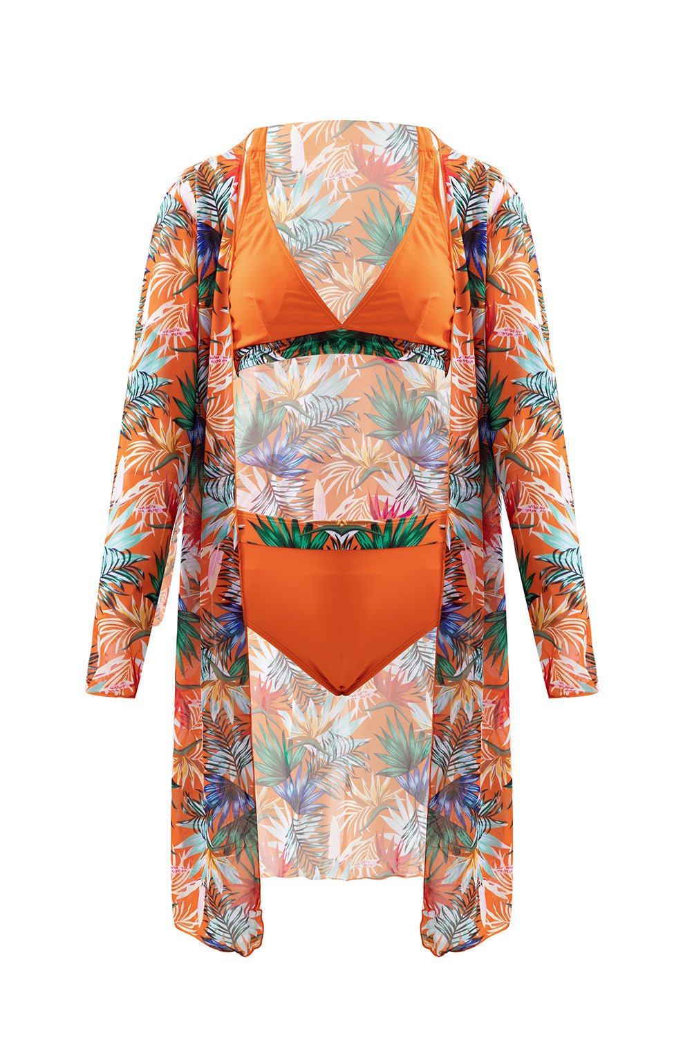 3pcs Tropical Contrast Trim Halter Bikini Set with Cover up eAura