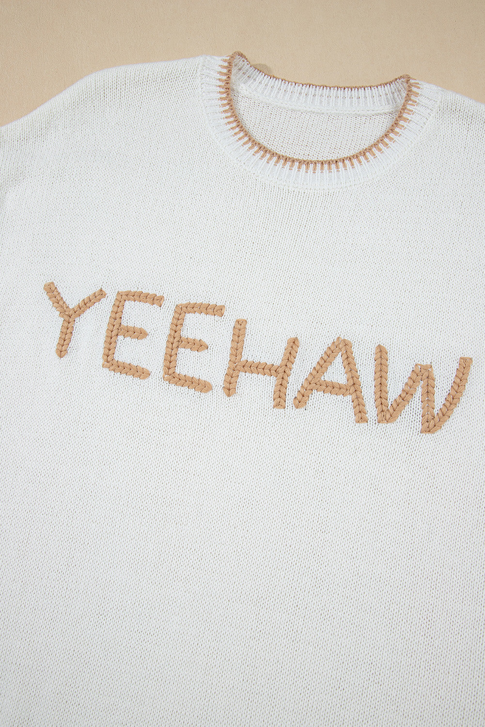 White Knit YEEHAW Stitch Edge Crew Neck Sweater T Shirt eAura