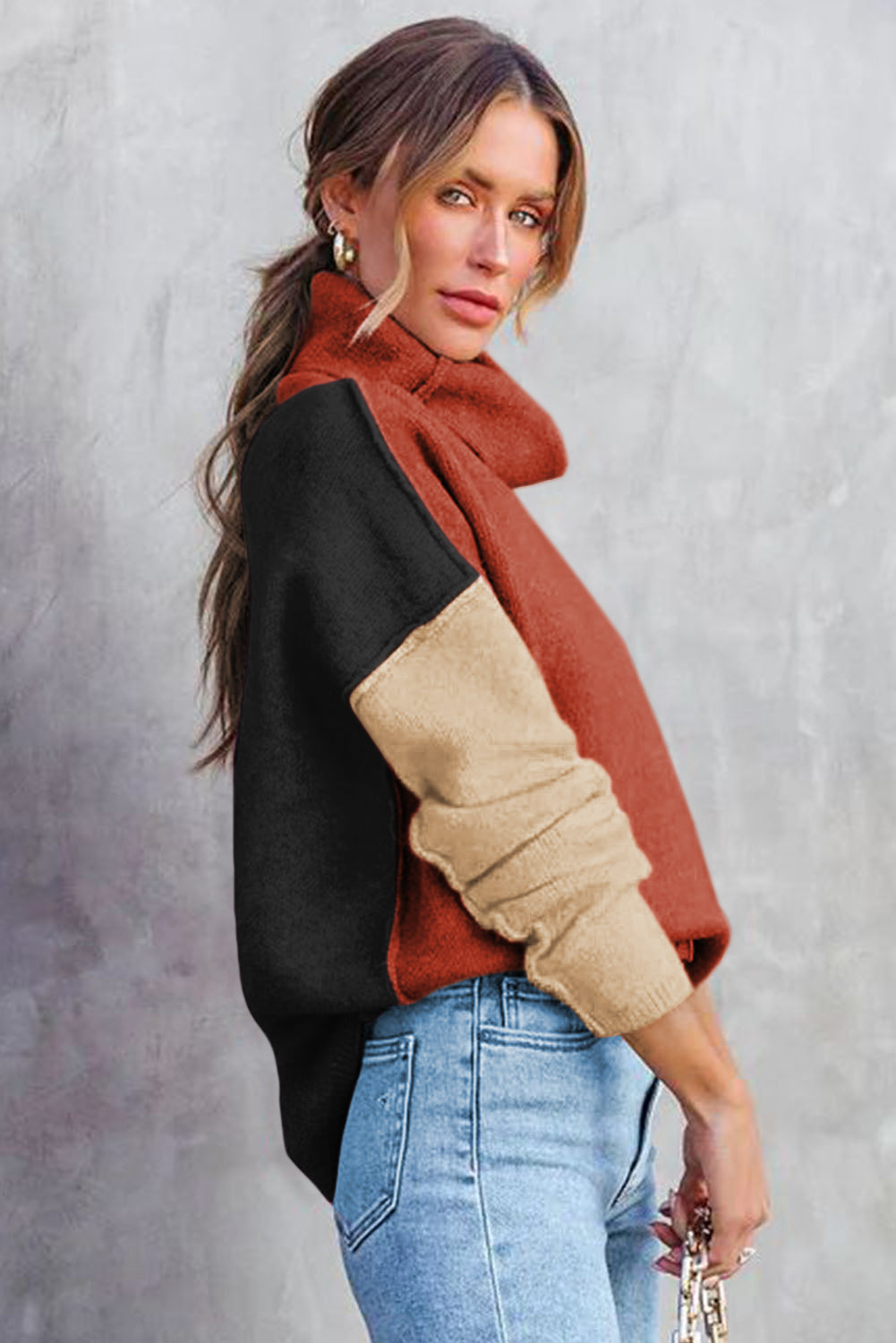 Colour Block Turtle Neck Drop Shoulder Knit Sweater Dear-Lover Dropshipping