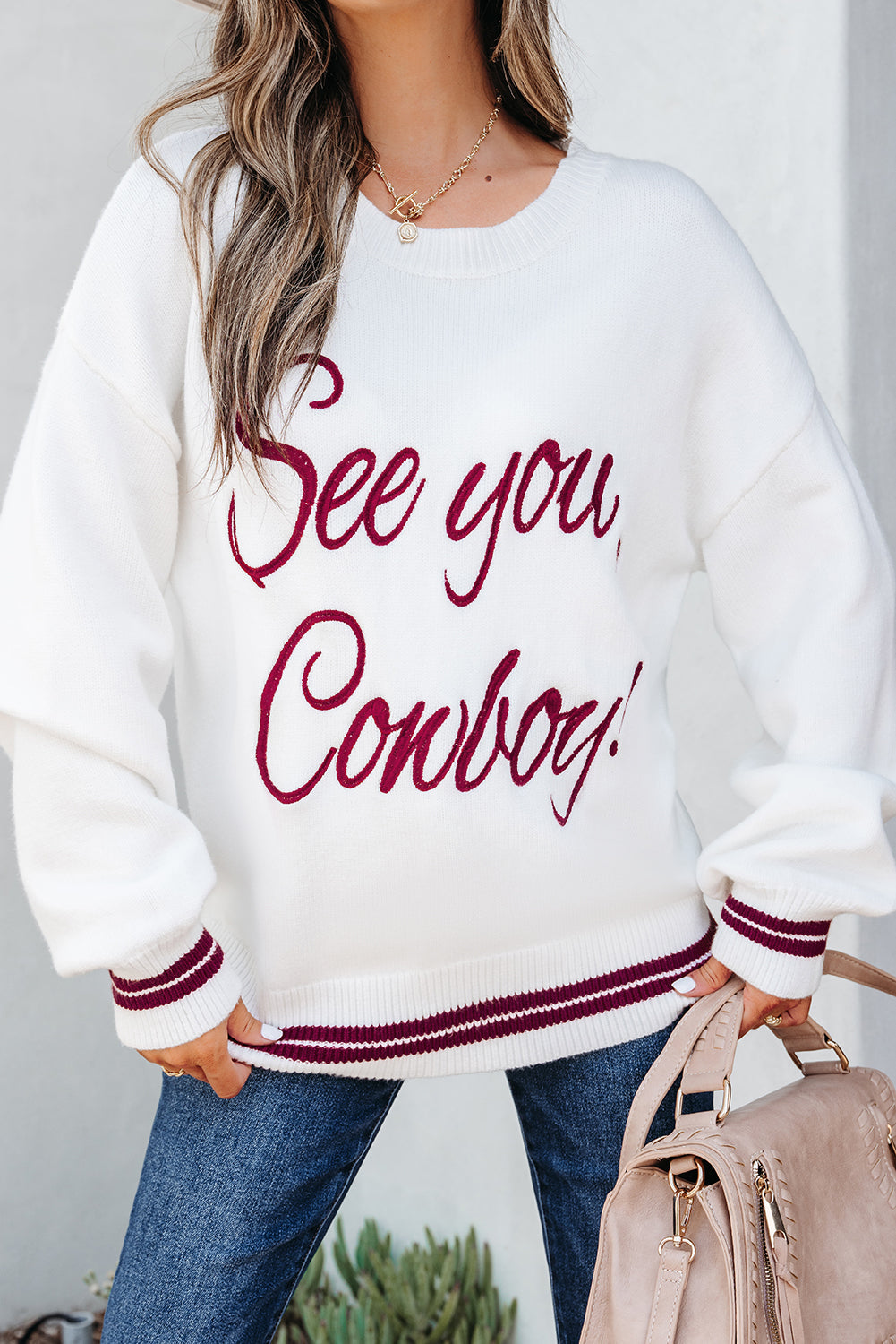 White See You Cowboy Embroidered Western Graphic Sweater eAura