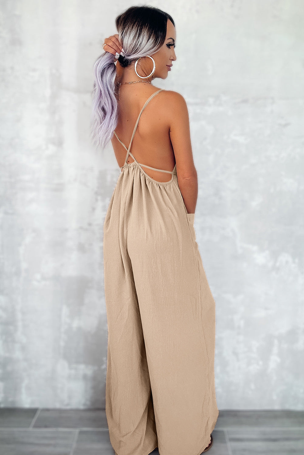 Chestnut Spaghetti Straps Waist Tie Wide Leg Jumpsuit with Pockets eAura