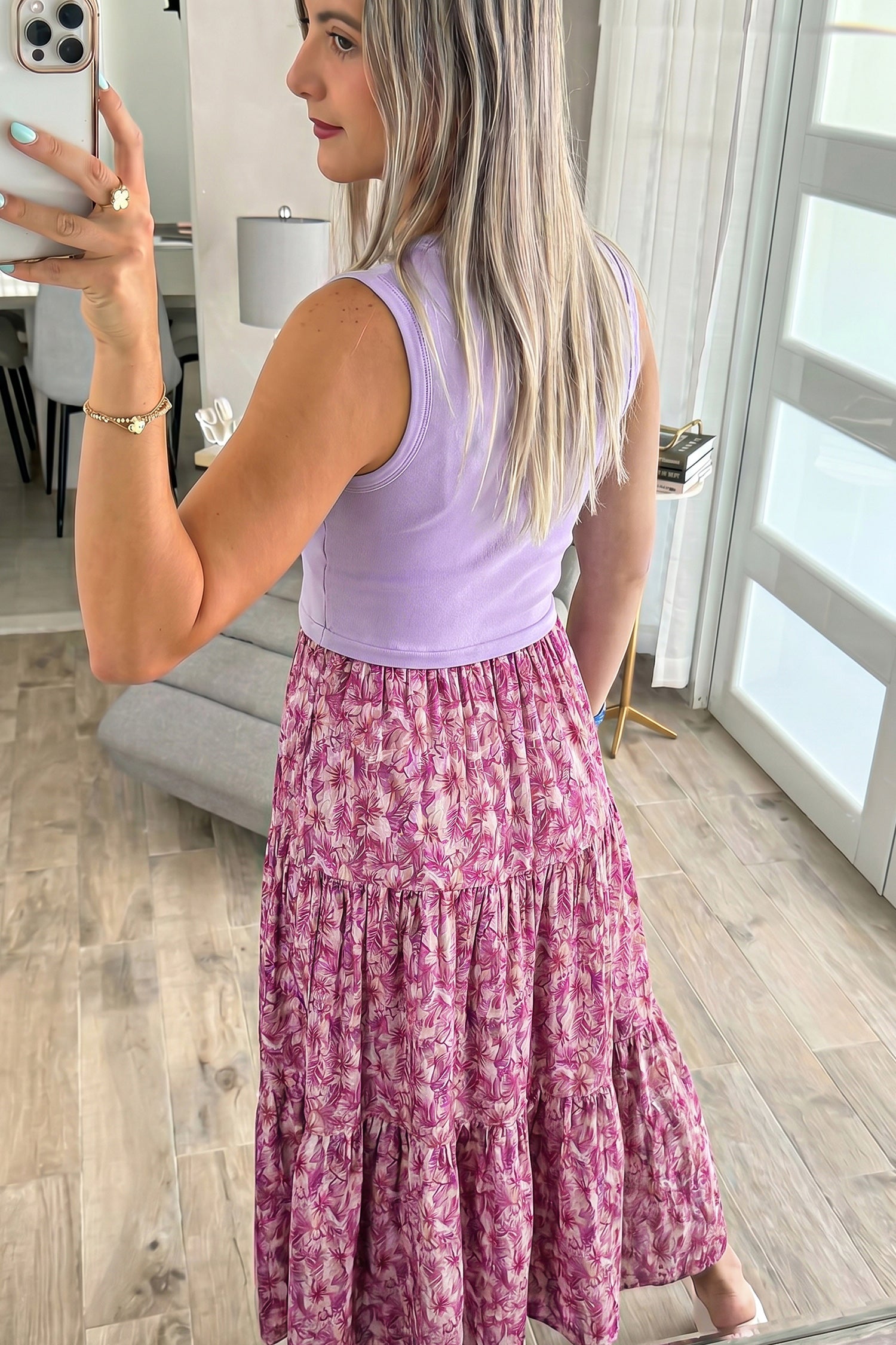 Ribbed V Neck Tank Floral Contrast Patchwork Long Dress – Purple