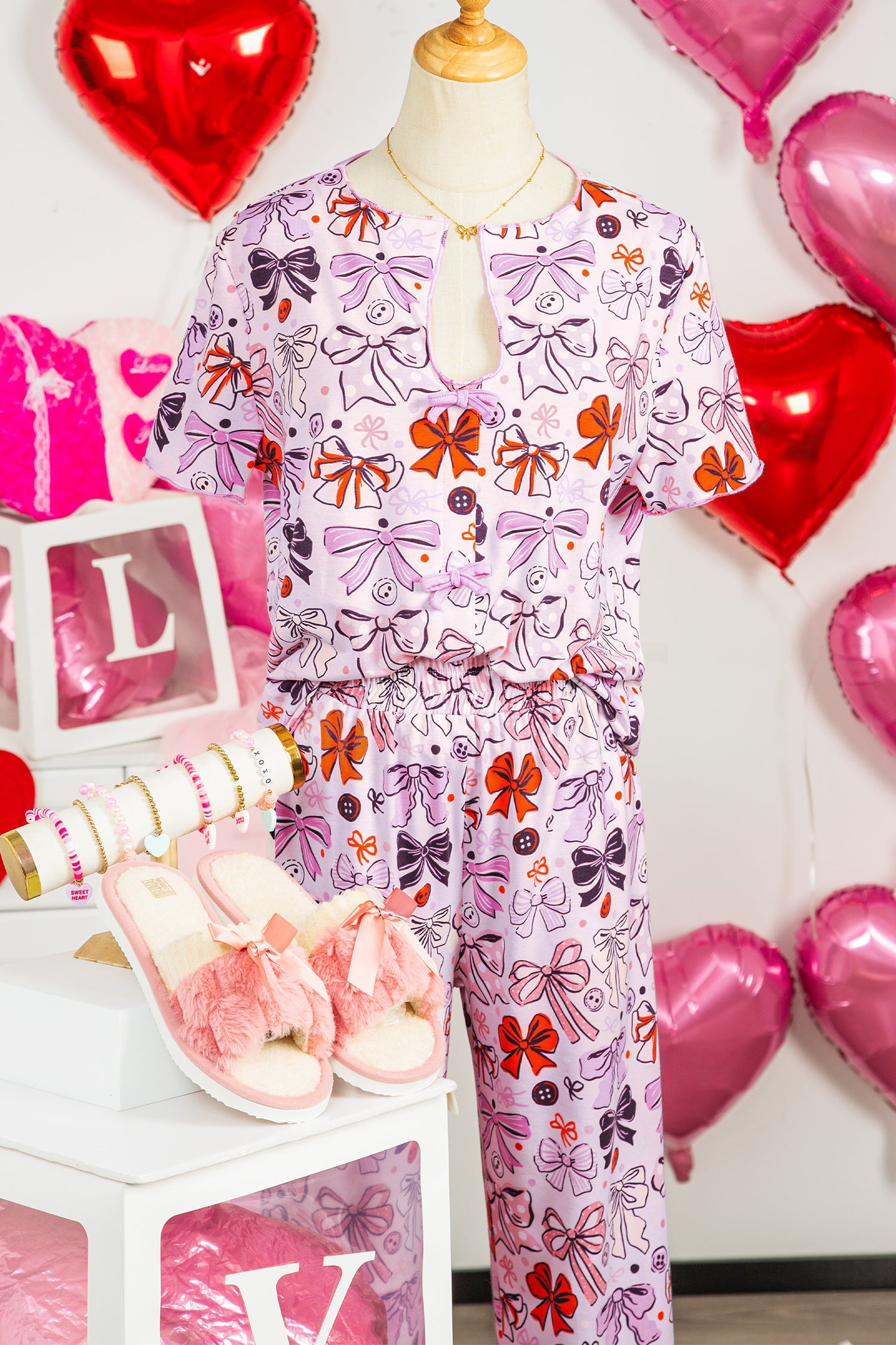 Bows Buttons Printed Contrast Trim Short Sleeve Shirt Pyjama Set