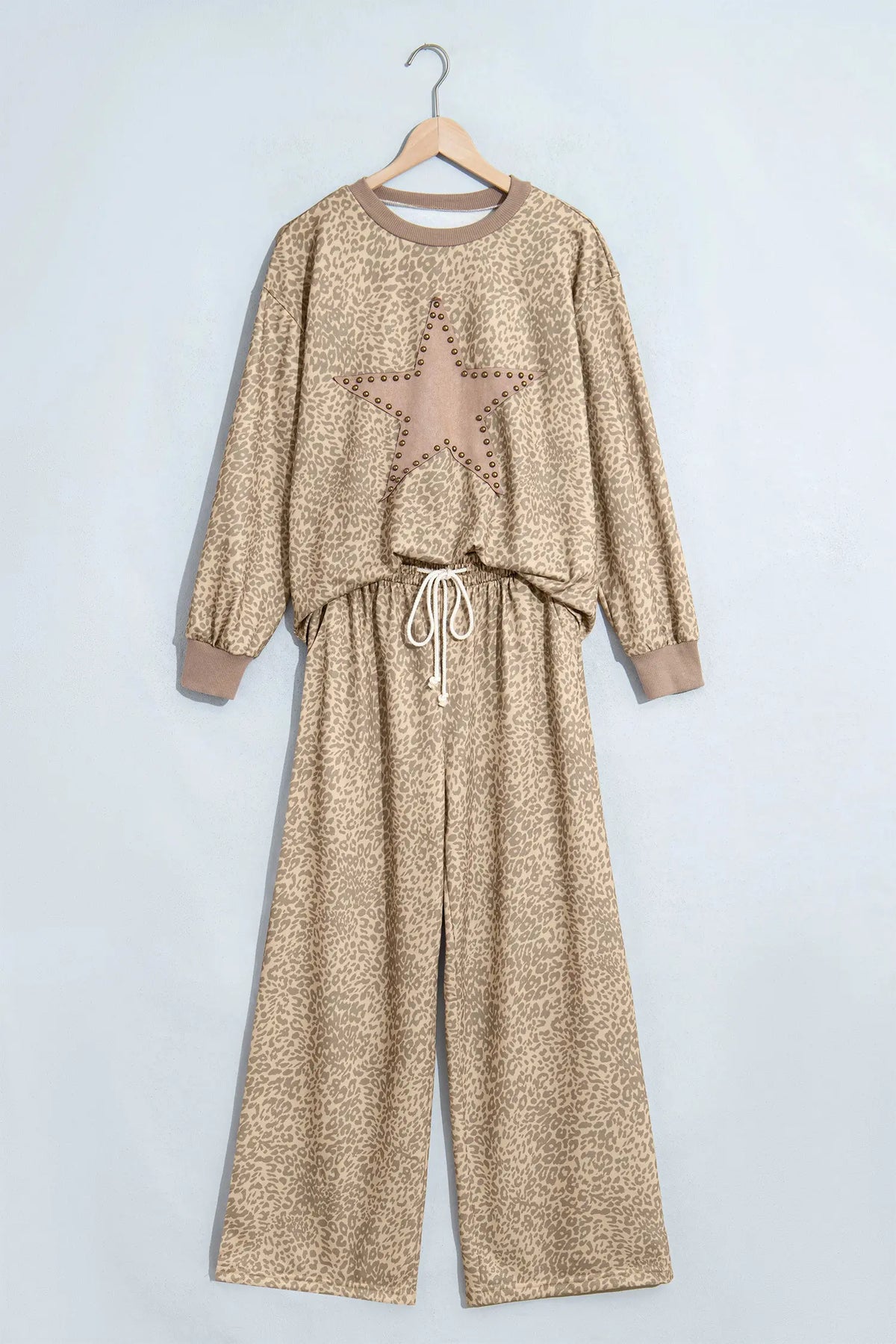 Leopard Star Print Long Sleeve Loose Casual Two Piece Pants Set – Khaki