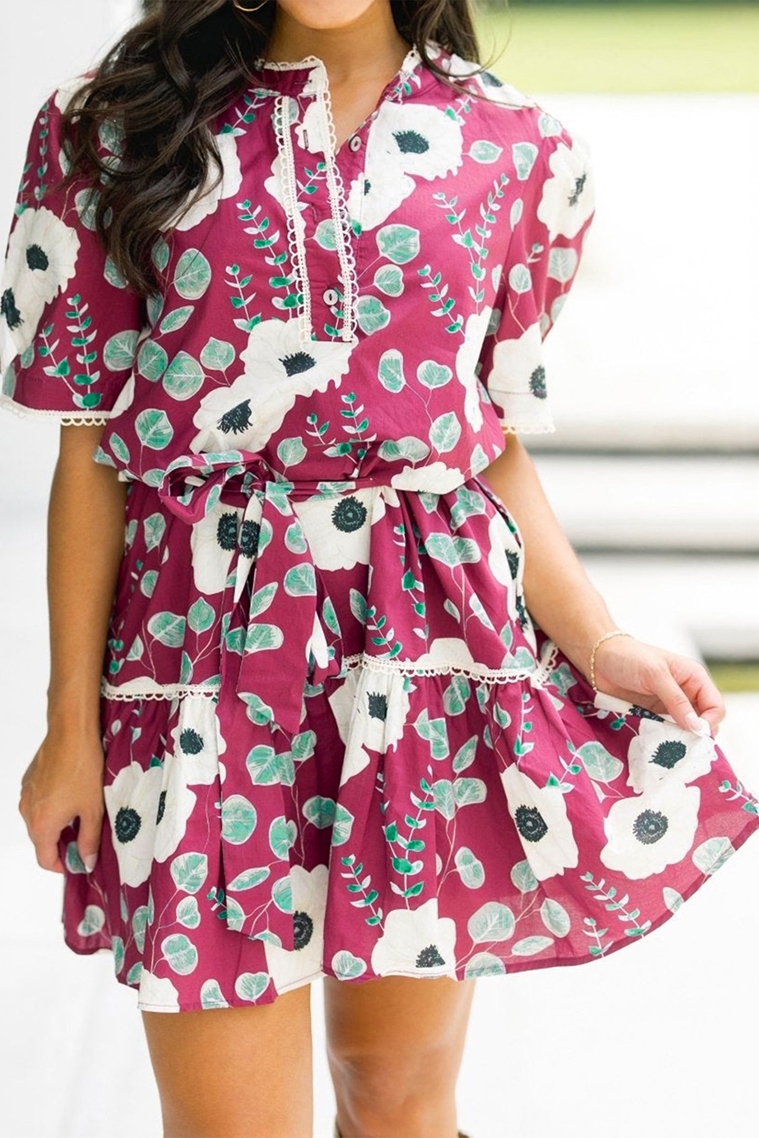Floral Print Trimmed Short Puff Sleeve Mini Dress with Belt