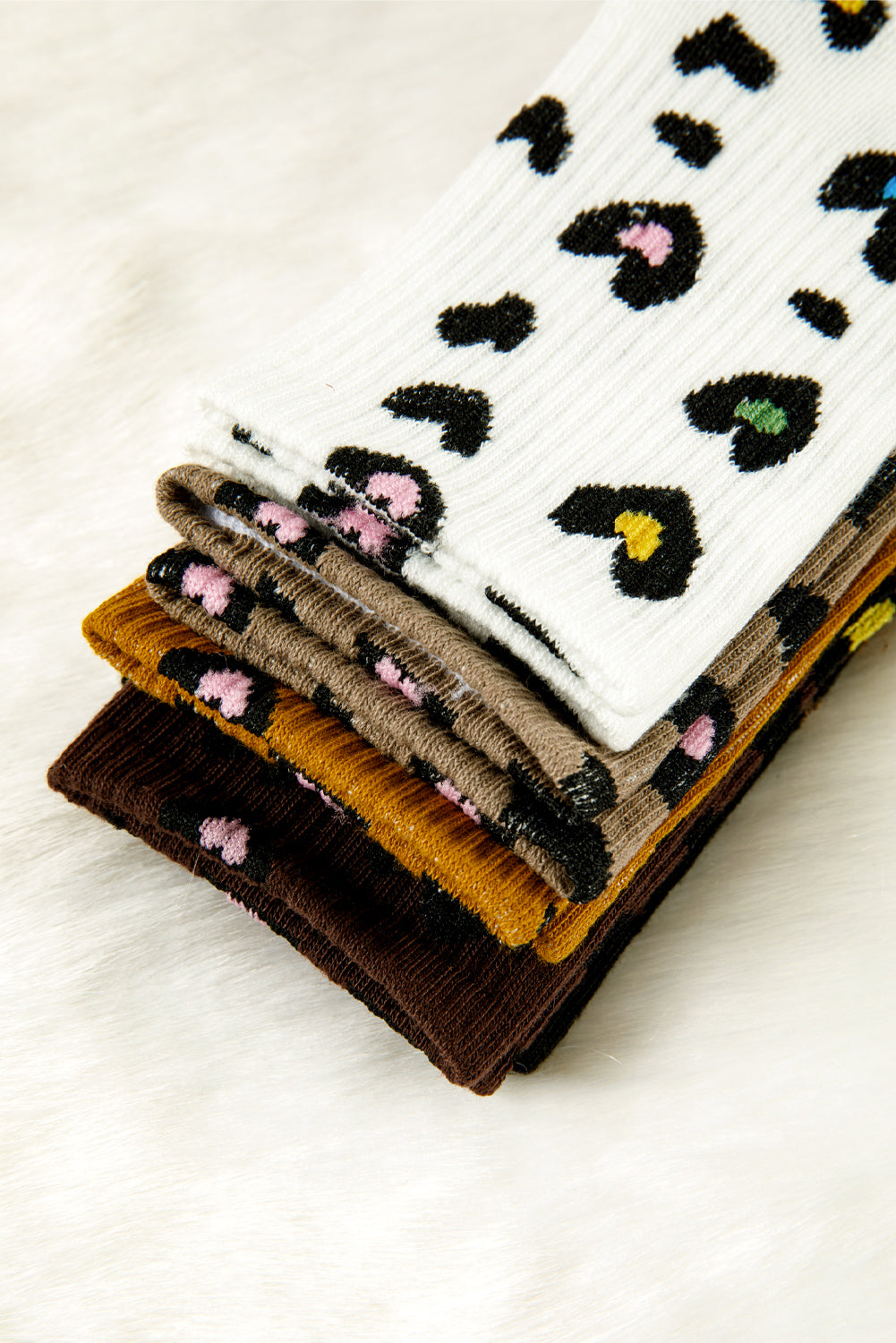 5 Pairs Ribbed Trim Heart Leopard Print Socks